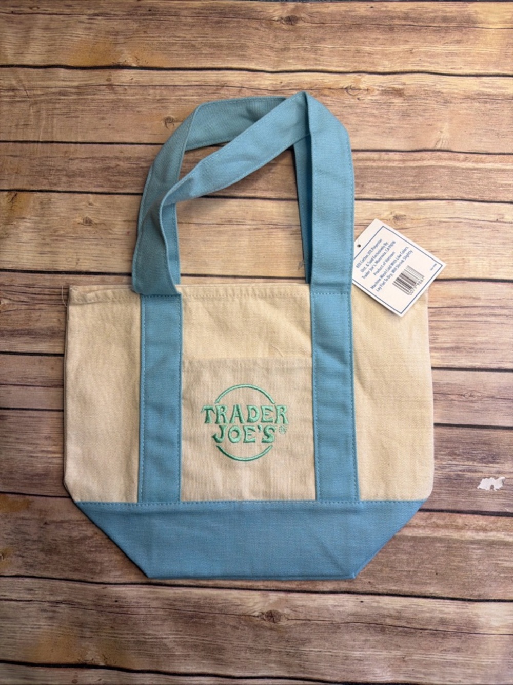 Trader Joe's Canvas Tote in Beige with Light Blue Trim